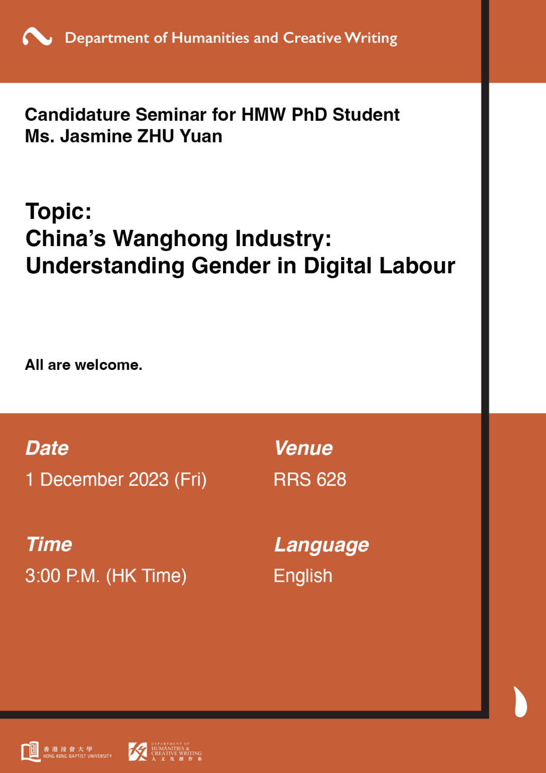Candidature Seminar for HMW PhD student Ms. Jasmine ZHU Yuan
